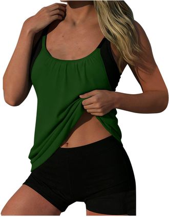 Generic Womens Tankini Sets Two Piece Swimsuit with Boyshort Tummy Control Swimwear Padded Tank High Waist Shorts Vacation Sports Beach Swimming Costumes Gree