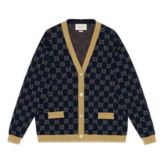Gucci (WMNS) Gucci SS21 Cotton Gold Silver V Neck Cardigan Wool Sweater Blue 529193-X9W83-4921
