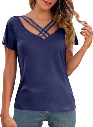 Generic Womens Hollow Fashion Shirts Plus Size V Neck Solid Color Short Sleeve Tops Summer Business Office Smart Work Dressy Blouse Oversize Navy