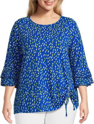 Multiples Dotted 3/4 Flounce Sleeve Top In Blue