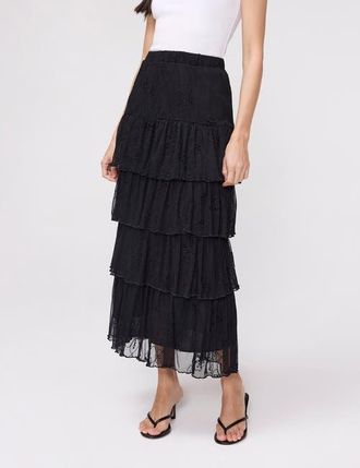 Finery Elisa Mesh Midi Tiered Skirt in Black at Nordstrom, Size 20