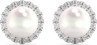 Pompeii3 6mm Pearl & Diamond Halo Studs Womens 14k Gold Earrings Lab Grown