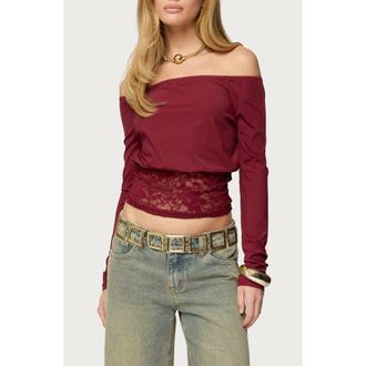 Edikted Dorona Off the Shoulder Lace Trim Top in Burgundy at Nordstrom, Size X-Small
