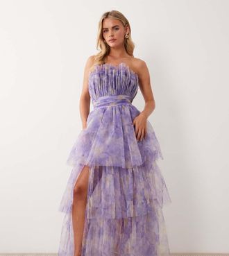 Lace & Beads Petite Vestito lungo a fascia a balze in tulle lilla a fiori-Multicolore