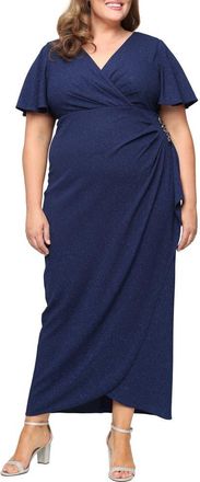 S.L. Fashions Sparkle Crystal Embellished Faux Wrap Gown in Navy at Nordstrom, Size 14W
