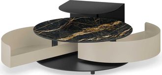 Naos Ausziehbarer, runder Designer Couchtisch Theta Shelf - Black Desire/ Champagne