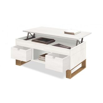HOGAR 24 Mesa centro sena elevable, madera maciza blanco y encerado 100x50x47cm