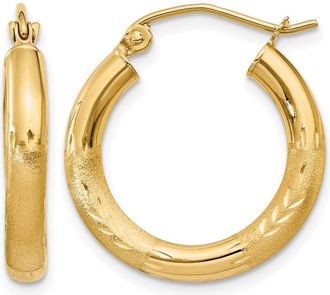 Diamond2Deal 14k Gold Satin & Diamond-cut 3x20mm Round Hoop Earrings