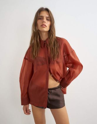 Topshop camicia organza coordinata color ruggine-Rosso