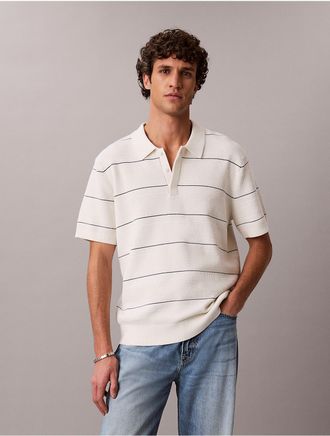 Calvin Klein Mens Cotton Stripe Sweater Polo Shirt - White/Natural - 2XL