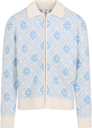 Casablanca Light Blue Monogram Zip Up Merino Wool Sweater-Uomo