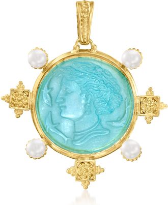 Ross-Simons Italian Tagliamonte Blue Venetian Glass Pendant With 5-6mm Cultured Pearls in 18kt Gold Over Sterling