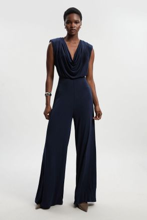 Karen Millen Womens Jersey Crepe Cowl Neck Wide Leg Jumpsuit - Navy - Size X-Small