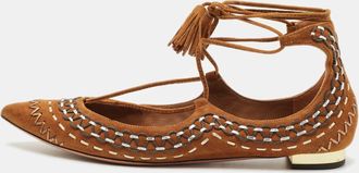 Aquazzura Brown Suede Ankle Wrap Ballet Flats