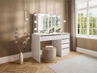 Vente-Unique Dressing Table With LED Mirror - 5 Drawers - Gloss White - JENEMI