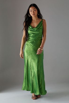 Warehouse Womens Petite Metallic Lame Cowl Neck Maxi Dress - Green - Size 16 UK