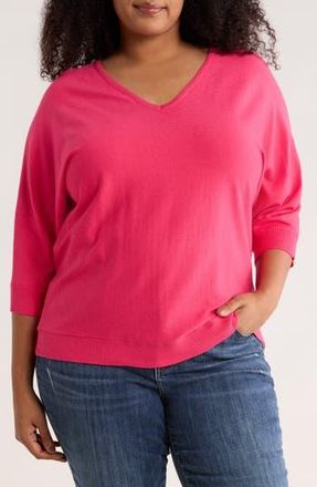 Premise Studio V-Neck Three-Quarter Sleeve Sweater in Barbie Fuchsia at Nordstrom Rack, Size 3 X