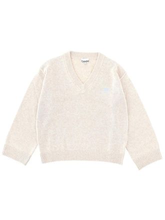 Ganni Beige Solid V Neck Sweater
