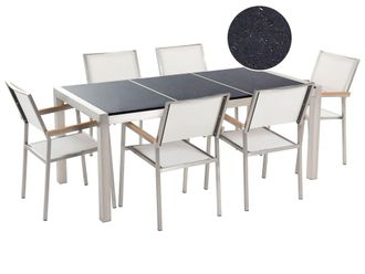 Beliani Set Da Giardino Tavolo Piano Granito Nero 6 Sedie Bianche 180 X 90 Cm Grosseto
