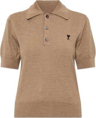Ami Wollen poloshirt met logo - Dames - Truien - Beige - Maat: L Wol
