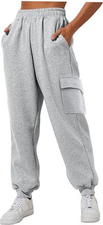 Generic Women Fleece Cargo Sweatpants - High Waisted Casual Baggy Joggers Pants Winter Warm Ladies Tracksuit Bottoms Short Leg Solid Color Ladies Jogging Bott