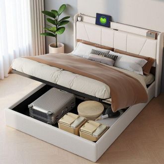 OEM Cama 140x200 Cm - 231205tt - Usb - Hidr&aacute;ulica - Tela De Lino - Marco De Cama Doble 140x200 Cm - Beige