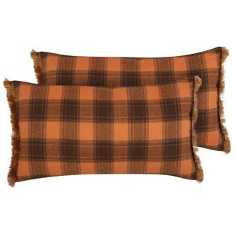 Beliani Beliani - Conjunto De 2 Cojines Decorativos Rectangulares Con Patr&oacute;n De Cuadros En Color Naranja Con Borlas 40 X 70 Cm Barja