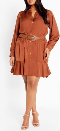City Chic Oki Belted Long Sleeve Satin Shirtdress in Toffee at Nordstrom, Size Xxl