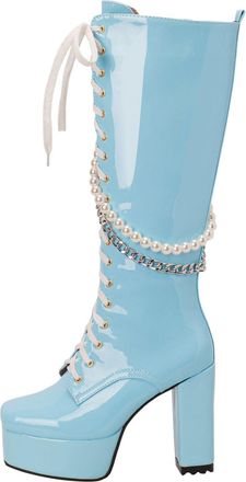 Generic Winter Solid Color Square Toe Platform High Heels Glossy Leather Lace Up Pearl Chain Fashion Women Knee High Boots (Blue, 5. 5)