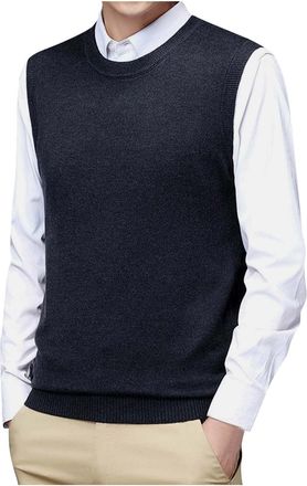 Generic Mens Sleeveless Jumpers Crew Neck Knitted Waistcoats Plain Sweater Vest Sleeveless Pullover Knitwear Casual Loose Knit Tank Top Streetwear Classic Cro