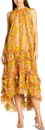 Mac Duggal Womens Floral Appliqu&eacute; Tiered Ruffle High-Low Midi Dress in Mango Multi at Nordstrom, Size 12