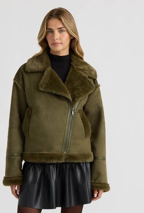 NVLT Womens Short Faux Suede Bonded to Faux Fur Shearling Biker Jacket