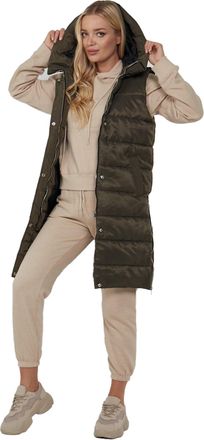 Generic Pixel Fashion WOMEN PUFFER GILET LONG LINE PADDED PUFFER JACKET WITH ZIPS ON SIDE (as8, numeric, numeric_24, regular, regular, Khakhi)