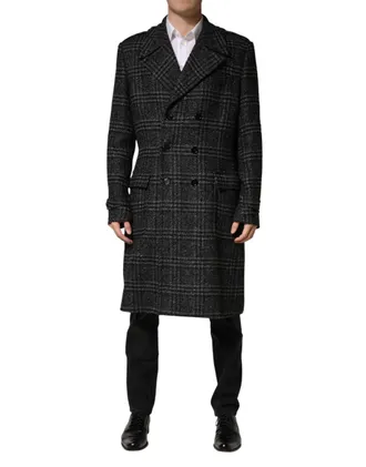 Dolce & Gabbana Grey Double Breasted Plaid Wool Coat Mens Jacket