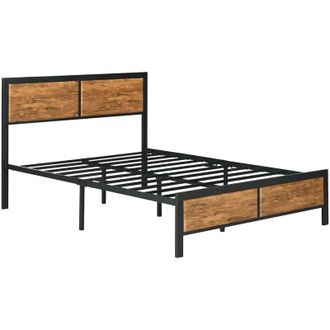 HOMCOM Double Size Bed Frame Steel Bed Base with Headboard 142 x 195cm Brown - Homcom