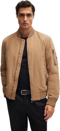 HUGO BOSS Mens Solid Patterned Snap Button Bomber Jacket with Ribbed Cuff in Open Beige - Size 36 (Chest)