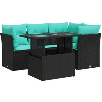 vidaXL 5 Piece Garden Sofa Set with Cushions Black Poly Rattan Acacia vidaXL