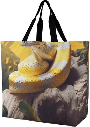 Generic Yellow And White Python Grocery Bag Foldable Women Handbag Large Capacity Shopping Bags For Casual Ladies Work