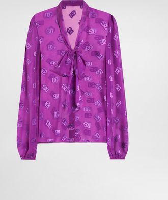 Dolce & Gabbana Chiffon Jacquard Shirt With Dg All-over Logo - Woman Shirts And Tops Purple 38