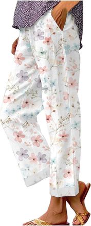 Generic Summer Trousers for Women, Linen Womens UK Ladies Cotton Trouser Cropped High Waisted Capri Pants Casual Lightweight Straight Leg Lounge Bottoms Petit