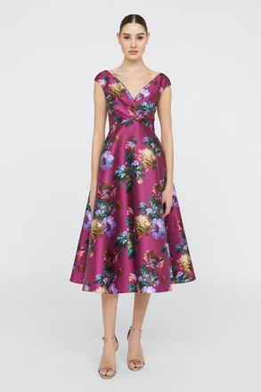 Theia Kadence V-Neck Dress in Sangria Poppy Stripe at Nordstrom, Size 14