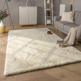Paco Home Tappeto Salotto Pelo Lungo Shaggy Imitazione Finta Pelliccia Di Coniglio Soffice ø 120 cm tondo, Crema - Paco Home
