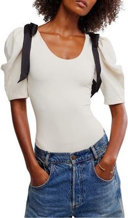 Free People What a Girl Wants Bow Puff Sleeve Bodysuit in Jet Stream at Nordstrom Rack, Size X-Small