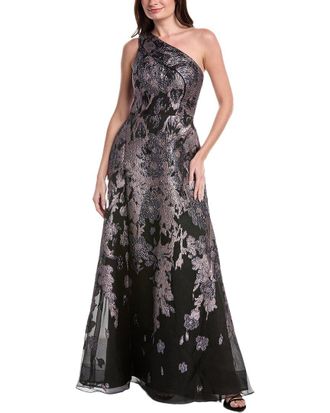 Teri Jon by Rickie Freeman Floral Met Jacquard Pleated One Shoulder Gown