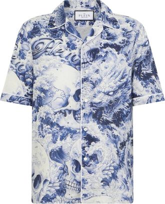 Philipp Plein Overhemden, Heren, Blauw, S, Katoen, Linen Bowling Shirt All-Over Ceramic