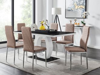 Furniturebox Giovani Rectangular 6 Seat White High Gloss Unique Halo Dining Table Black Glass Top 6 Faux Leather Silver Leg Milan Chairs in Beige