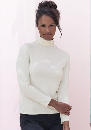 Lascana Stehkragenshirt LASCANA aus weichem Viskose-Stretch, Damen, Gr. 44/46, beige (creme), Single Jersey, Obermaterial: 95% Viskose, 5% Elasthan, unifarben