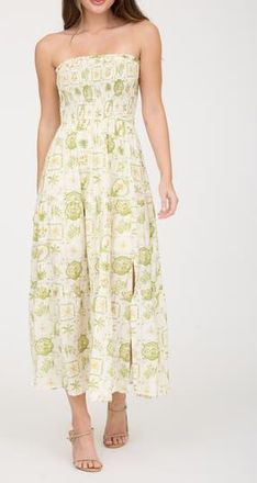 Blu Pepper Tropical Print Strapless Midi Sundress in Light Olive at Nordstrom Rack, Size Medium