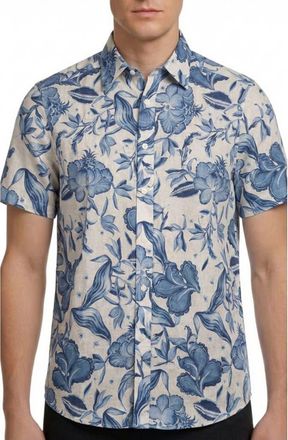 Report Collection Floral Print Short Sleeve Linen & Cotton Blend Button-Up Shirt in 40 Blue at Nordstrom Rack, Size Xx-Large