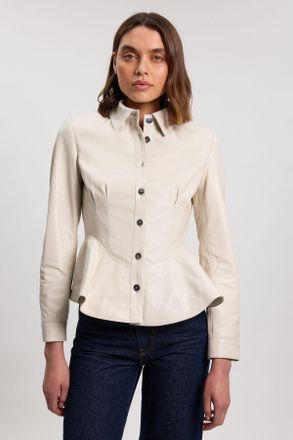 Karen Millen Womens Leather Peplum Buttoned Shirt - Natural - Size 12 UK